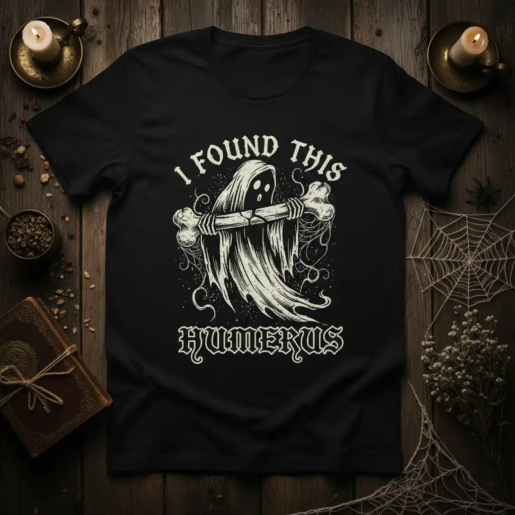 I Found This Humerus ghost pun t-shirt featuring a playful ghost with a bone and distressed typography for Halloween