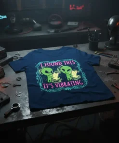 I Found This It's Vibrating alien and cat t-shirt design in neon green and pink