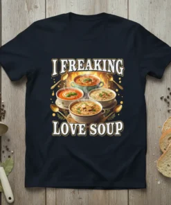 T-shirt with "I Freaking Love Soup" text and four bowls of various soups, spoons, and a fireplace graphic