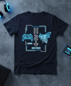 I Game 2 Bee Here t-shirt design featuring a video game controller, pause symbol, number 2, and a bee graphic