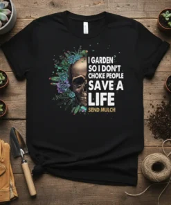 I Garden So I Don't Choke People Save A Life Send Mulch t-shirt with skull and succulent design