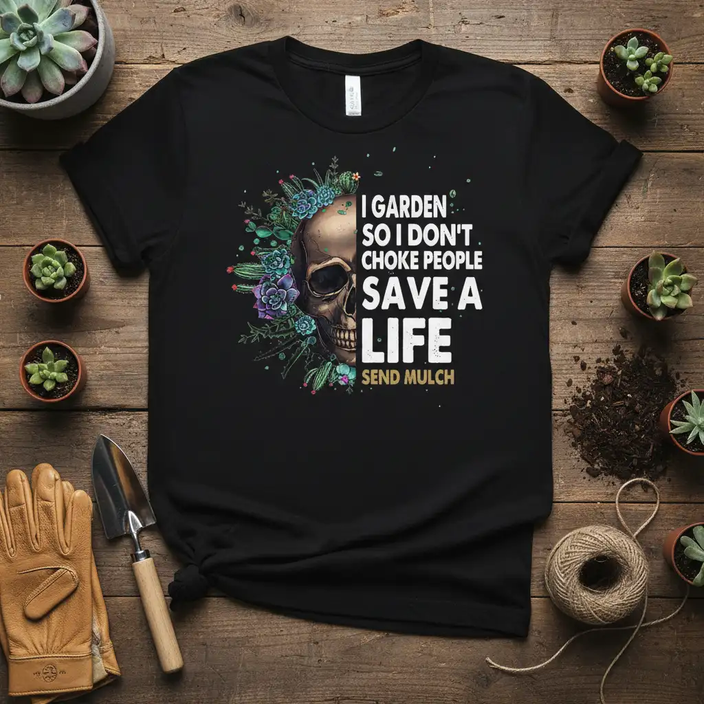 I Garden So I Don't Choke People Save A Life Send Mulch quote on a t-shirt with skull and succulent art