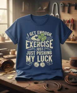 I Get Enough Exercise Just Pushing My Luck T-Shirt with shamrock, flexed arm, and dice graphic