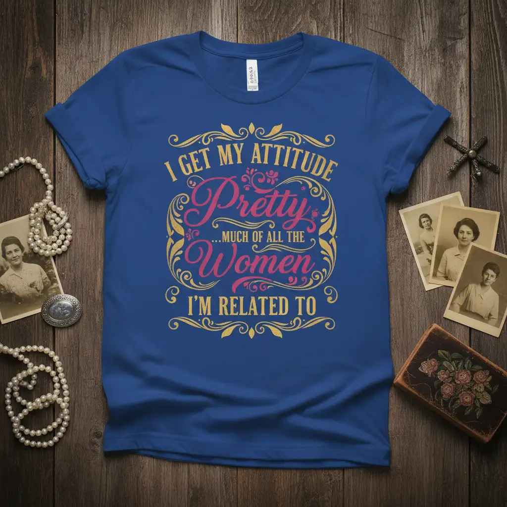 I Get My Attitude Pretty Much All The Women I'm Related To quote on royal blue shirt with ornate lettering