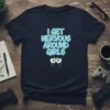 I Get Nervous Around Girls text with cartoon eyes graphic on a navy t-shirt, humor quote design