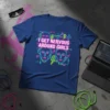 Neon text "I Get Nervous Around Girls" with stylized faces and lightning bolts on a navy blue t-shirt