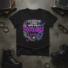 Black t-shirt with neon gothic design saying "I Get Nervous Around Goth Girls Goth Girls" featuring skulls, roses, and bats