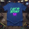 I Get No Bitches T-Shirt featuring neon green text and a pixelated broken heart graphic