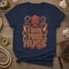 Navy t-shirt with "I Give Free Hugs" text and a red octopus graphic with yellow lightning bolts