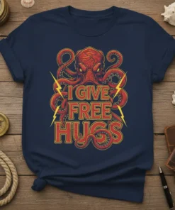 Navy t-shirt with "I Give Free Hugs" text and a red octopus graphic with yellow lightning bolts