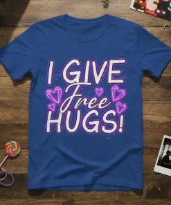 Blue t-shirt with white and purple glitter text saying "I GIVE Free HUGS!" surrounded by heart-shaped diamonds