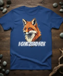 I Give Zero Fox graphic tee with a geometric fox illustration and bold text, available in various sizes and colors