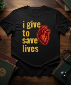 I Give To Save Lives t-shirt with anatomical heart graphic and yellow text on black shirt