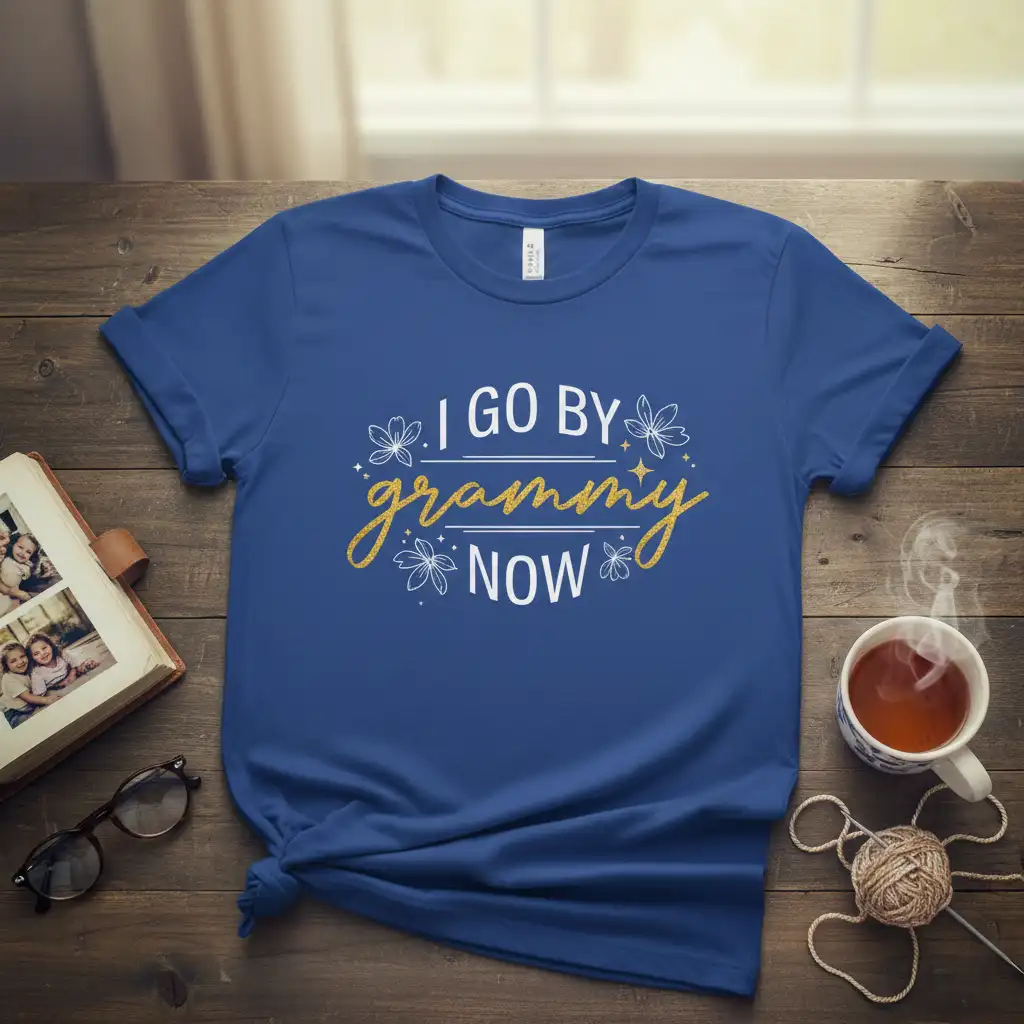 I Go By Grammy Now quote with floral design on a royal blue t-shirt, celebrating grandmotherhood