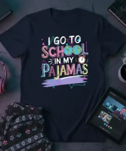 I Go To School In My Pajamas text design with colorful letters, globe, and alarm clock graphic