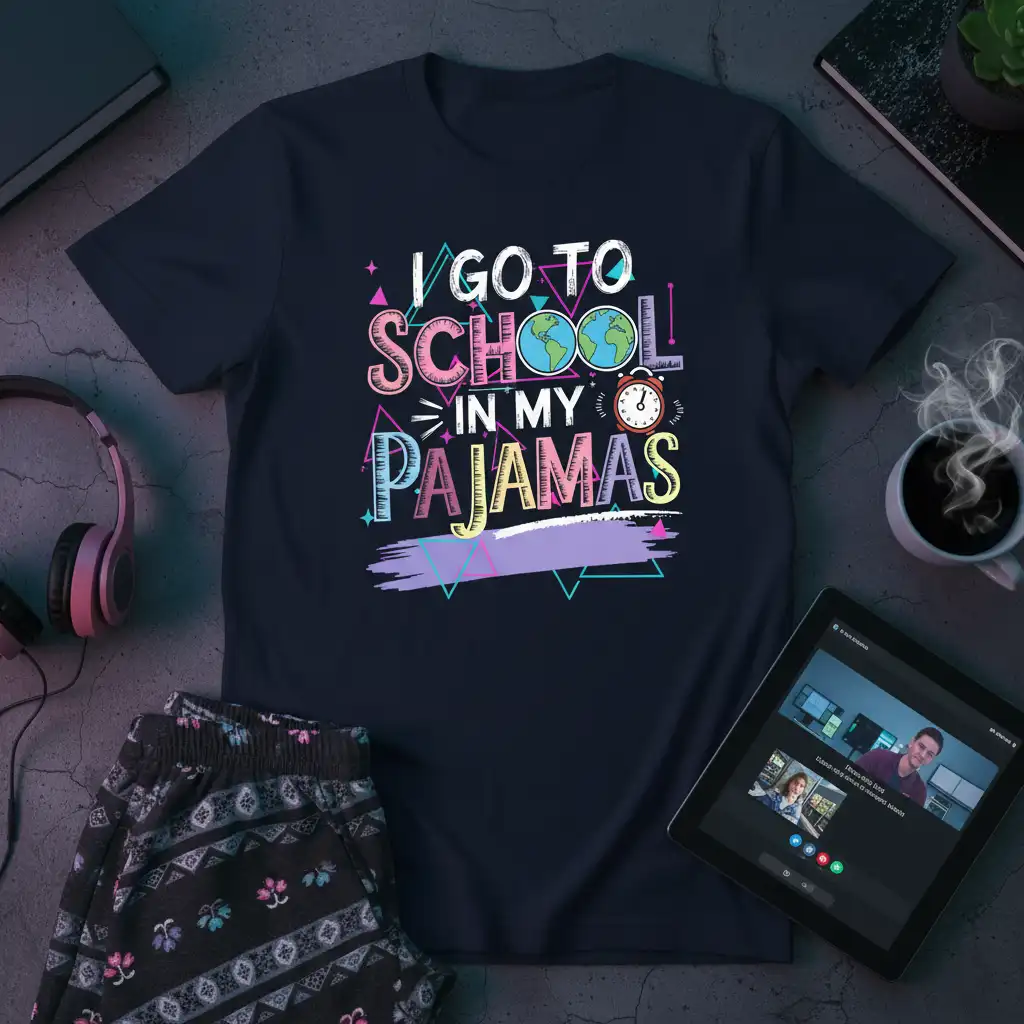 I Go To School In My Pajamas quote with playful typography and school-themed graphics on a dark t-shirt
