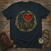 I GOD Christian t-shirt with a red heart, doves, crosses, and wheat wreath design