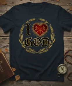 I GOD Christian t-shirt with a red heart, doves, crosses, and wheat wreath design