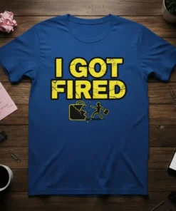 I Got Fired text design with a cracked briefcase and a running figure, on a blue t-shirt
