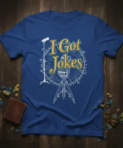 I Got Jokes t-shirt design featuring a vintage microphone and starburst graphic