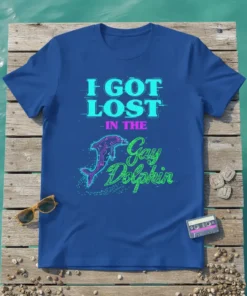 I GOT LOST IN THE Gay Dolphin text with a circuit board dolphin graphic on a blue t-shirt