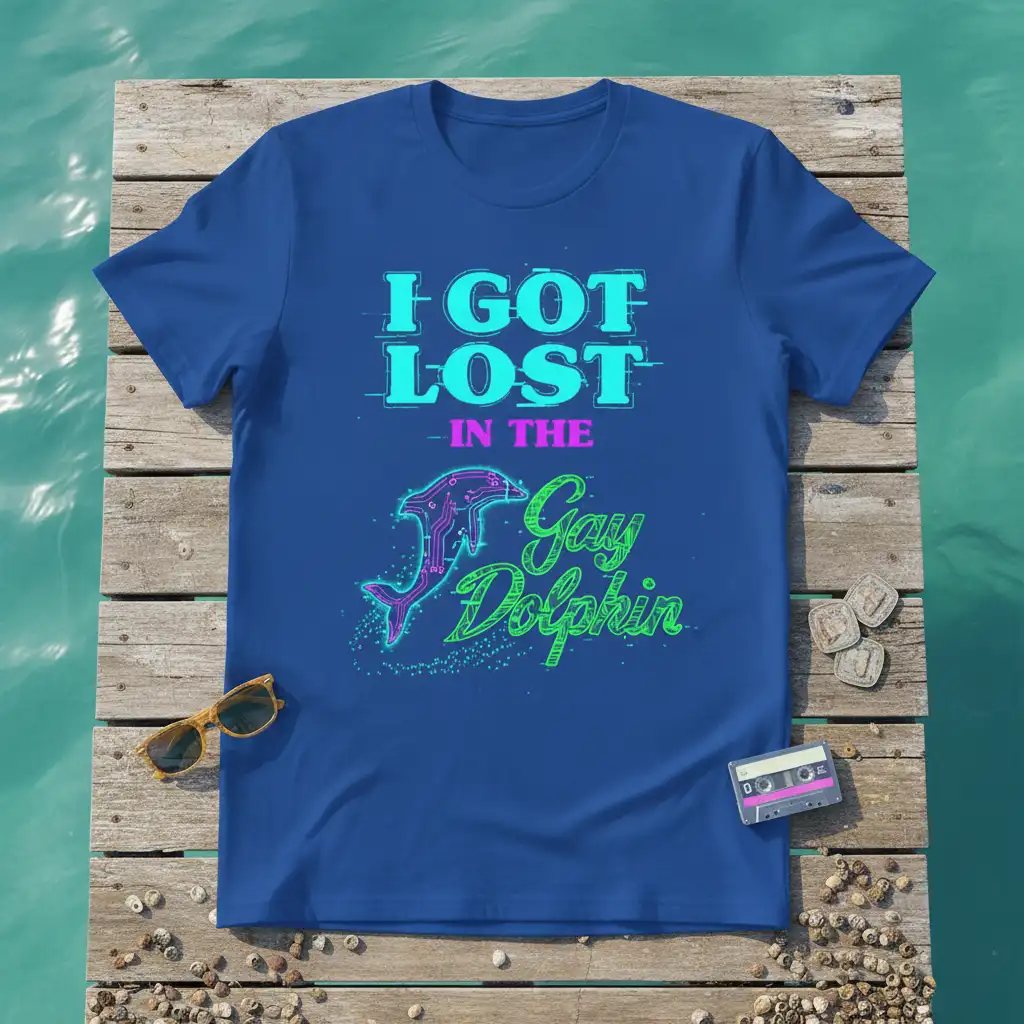 I GOT LOST IN THE Gay Dolphin quote with a digital dolphin graphic on a blue t-shirt