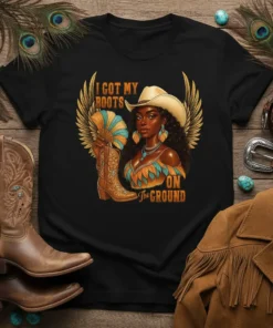 I Got My Boots On The Ground text with a cowgirl illustration, wings, and a boot graphic on a black