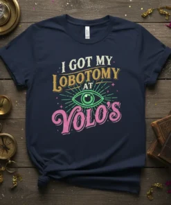 I Got My Lobotomy At Yolo's retro graphic t-shirt with eye and stars design