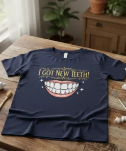 Navy t-shirt with "I Got New Teeth!" text above a cartoon smiling mouth with white teeth and sparkles