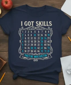 T-shirt with "I GOT SKILLS THEY'RE MULTIPLYIN" and a multiplication table graphic