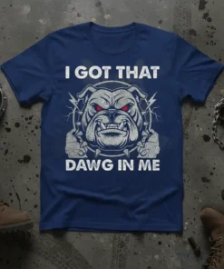T-shirt with "I Got That Dawg In Me" text and a fierce bulldog graphic, showing a dog's intense eyes and