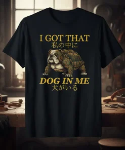 I Got That Dog In Me t-shirt with bulldog-turtle hybrid graphic and Japanese text, gold lettering