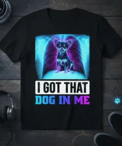 I Got That Dog In Me chihuahua X-ray design on a black t-shirt, showcasing the dog's skeletal structure