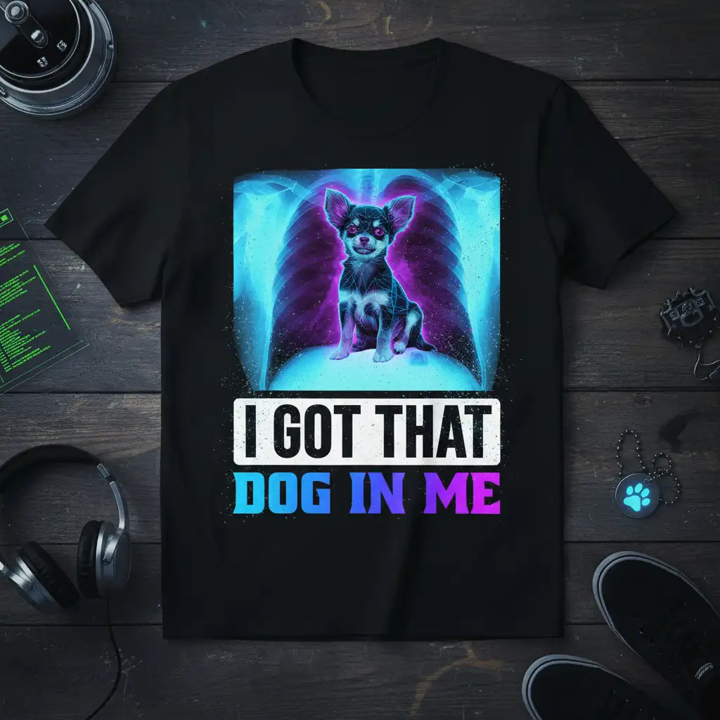 I Got That Dog In Me chihuahua X-ray graphic t-shirt design, highlighting the unique bond between owner and pet