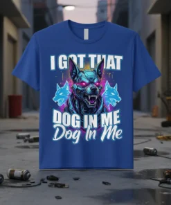 I Got That Dog In Me Dog In Me text with a fierce cybernetic dog head and two blue wolf