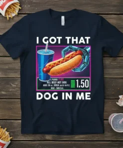 I Got That Dog In Me retro t-shirt design with a hot dog and soda graphic and 80s diner style