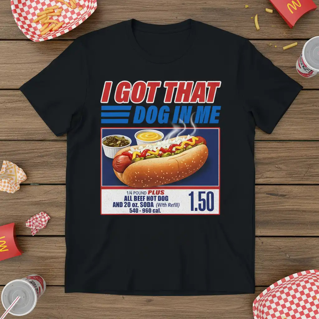 I Got That Dog In Me phrase with hot dog meal graphic on black t-shirt design