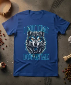 I Got That Dog In Me T-Shirt with a fierce, detailed wolf head graphic in blue and grey tones