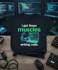Black t-shirt with green text "i got these muscles writing code." featuring a robotic arm flexing next to a computer