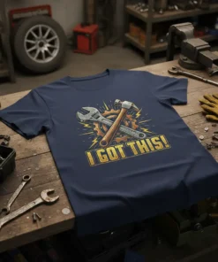 Navy blue t-shirt with "I GOT THIS!" text and crossed wrench and hammer graphic, designed for mechanics