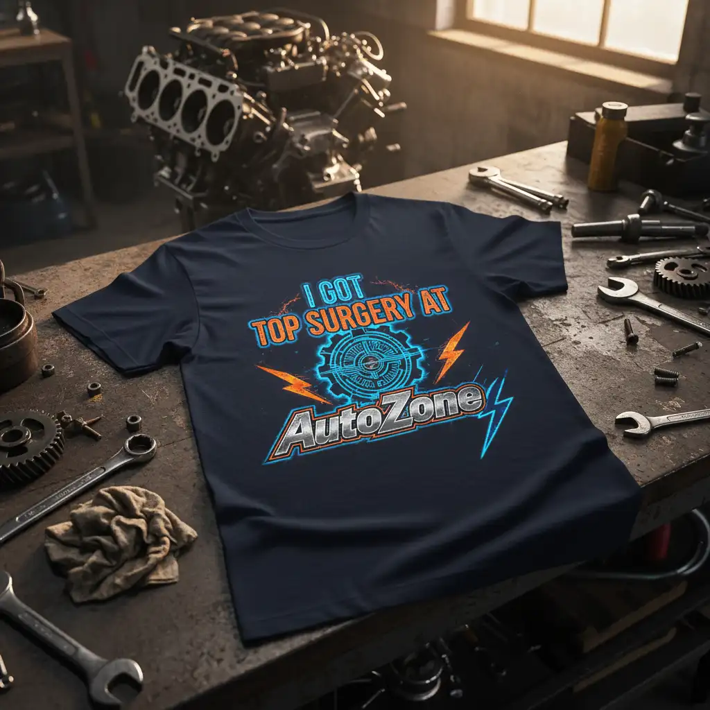 I GOT TOP SURGERY AT AutoZone humorous quote design with gear graphic on a navy blue t-shirt