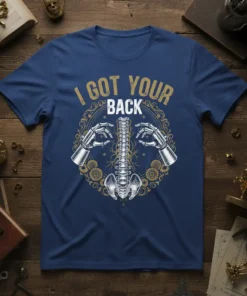I GOT YOUR BACK t-shirt with a detailed spine graphic and robotic hands, suitable for chiropractors or physical therapists
