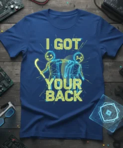 I Got Your Back quote t-shirt with geometric figures supporting each other, neon yellow text on blue tee