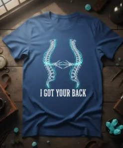 I Got Your Back t-shirt design with a neon blue glowing spine graphic and white text below