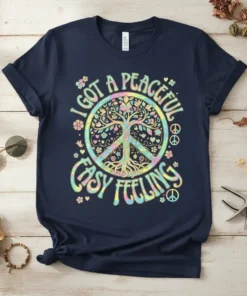 I Got A Peaceful Easy Feeling t-shirt with a colorful tree of life and peace symbols design