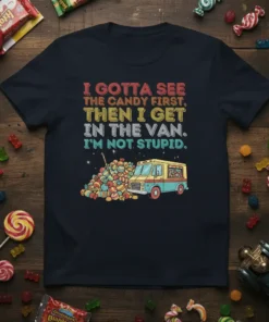 Retro t-shirt design with text "I Gotta See The Candy First, Then I Get In The Van. I'm Not Stupid."