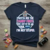 Navy t-shirt with "I gotta see the candy first then I get in the van I'm not stupid" text, candy