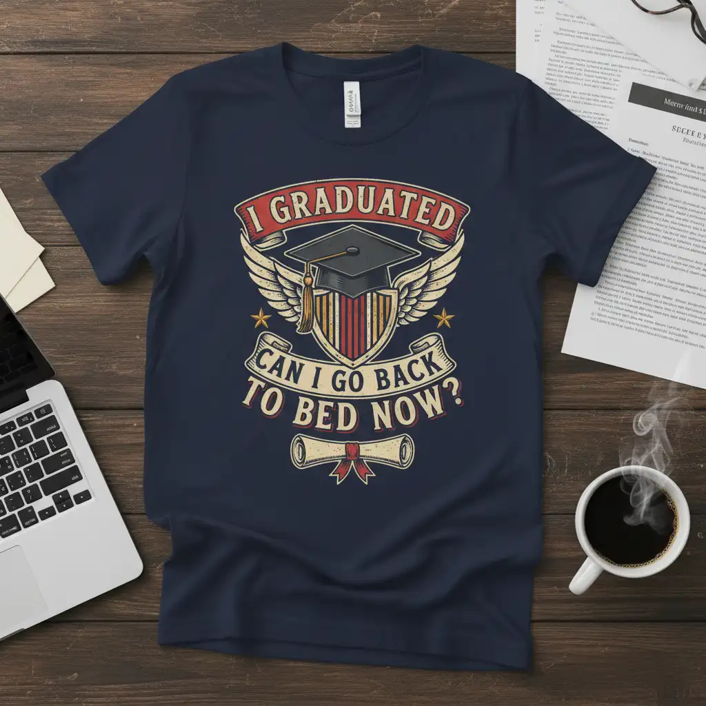 I GRADUATED CAN I GO BACK TO BED NOW? humorous graduation quote with cap and diploma graphic on a navy shirt