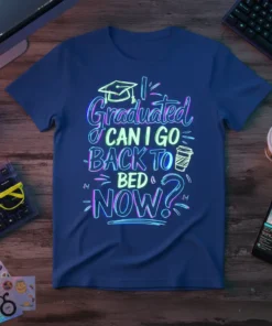Graduation t-shirt with the text "I Graduated Can I Go Back To Bed Now?" in colorful neon-style font, featuring a