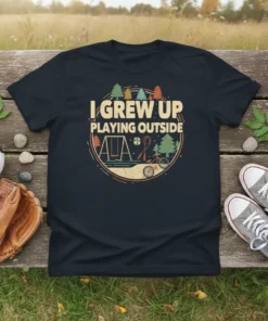 I Grew Up Playing Outside text with vintage playground graphic on a navy t-shirt